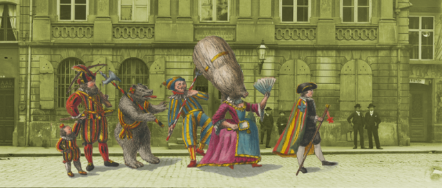 Collage mit Umzug des Äusseren Standes vor der alten Fassade