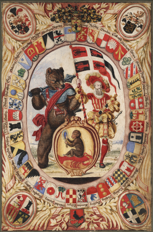 Embleme des Äusseren Standes und der fiktiven Landvogteien, umgeben von Familienwappen der Amtsträger